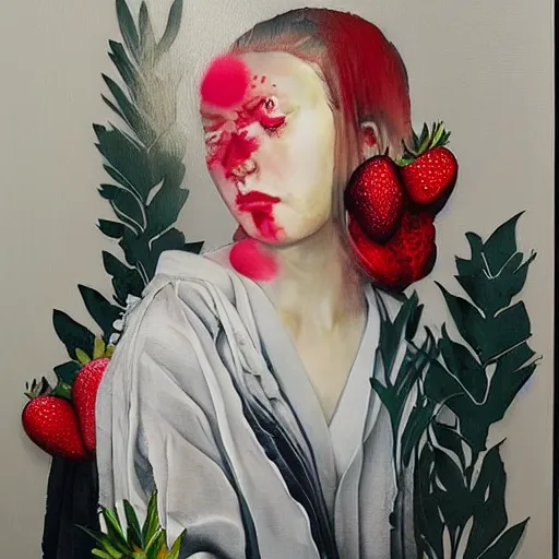 Prompt: “art in an Australian artist’s apartment, portrait of a depressed woman wearing white silk cloth stained by fresh raspberries and strawberries and blueberries, white wax, edible flowers, Japanese pottery, Australian native flannel flowers ikebana, black walls, acrylic and spray paint and oilstick on canvas”