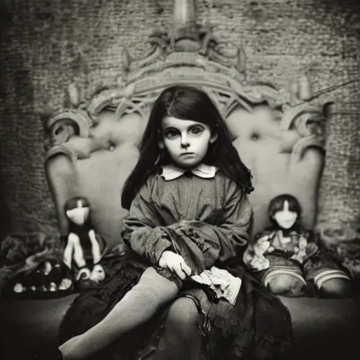 Image similar to a photo of young sad victorian gothic child with big eyes and wide grin sitting on a sofa of bones surrounded by a cyber futuristic cityscape made of human body parts, lighting, 5 0 mm, perfect faces, award winning phhotography