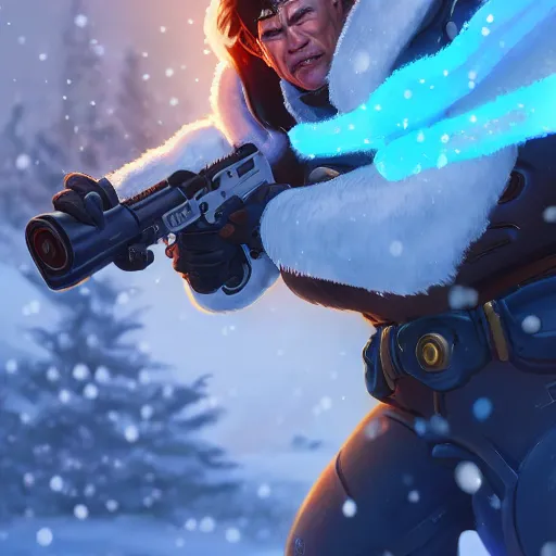 Prompt: a screenshot of arnold schwarzenegger as mei in the snow shooting frost gun in overwatch, portrait, fantasy, beautiful face, vivid colors, elegant, concept art, sharp focus, digital art, hyper - realistic, 4 k, unreal engine, highly detailed, hd, dramatic lighting by brom, trending on artstation