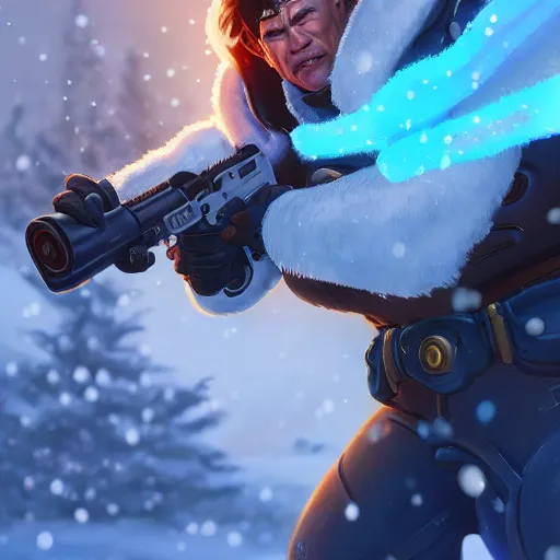 Image similar to a screenshot of arnold schwarzenegger as mei in the snow shooting frost gun in overwatch, portrait, fantasy, beautiful face, vivid colors, elegant, concept art, sharp focus, digital art, hyper - realistic, 4 k, unreal engine, highly detailed, hd, dramatic lighting by brom, trending on artstation