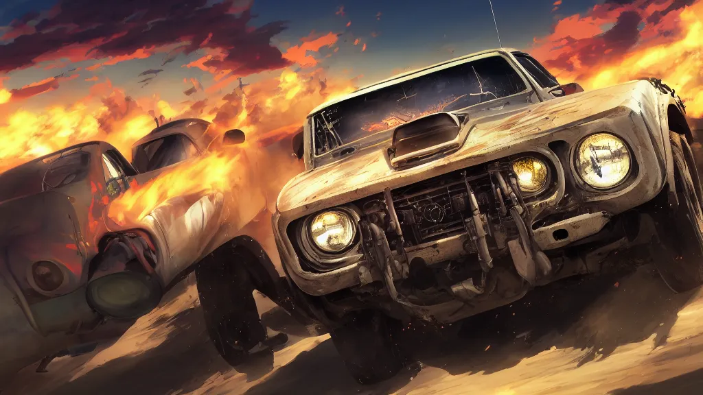 Image similar to anime illustration of mad max's fj 4 0 pursuit special, the last v 8 interceptor driving down to the gates of valhalla highway, riding fury road eternal shiny and chrome, world of fire and blood, by makoto shinkai, ilya kuvshinov, lois van baarle, rossdraws, basquiat, global illumination ray tracing hdr