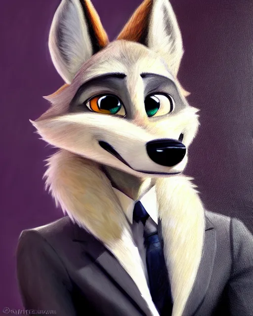 Image similar to oil painting of anthromorphic female wolf, in style of zootopia, female fursona, furry, furaffinity, 4 k, deviantart, furry art, fursona art, wearing black business suit, business suit, wolf fursona, female, very expressive detailed feminine face,