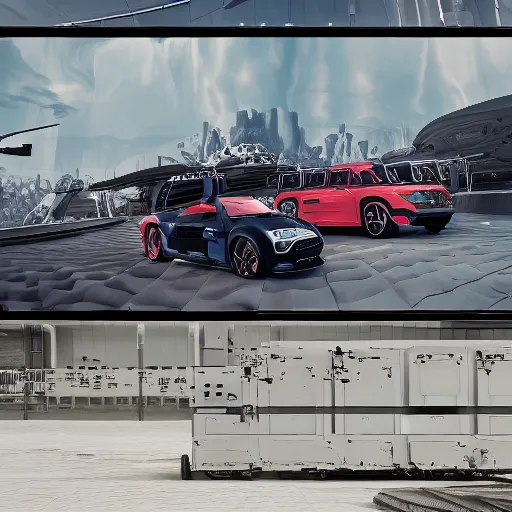 Image similar to sci-fi wall structure logotype and car on the coronation of napoleon painting and digital billboard in the middle, unreal engine 5, keyshot, octane, artstation trending, ultra high detail, ultra realistic, cinematic, 8k, 16k, in style of zaha hadid, in plastic, dark, tilt shift,