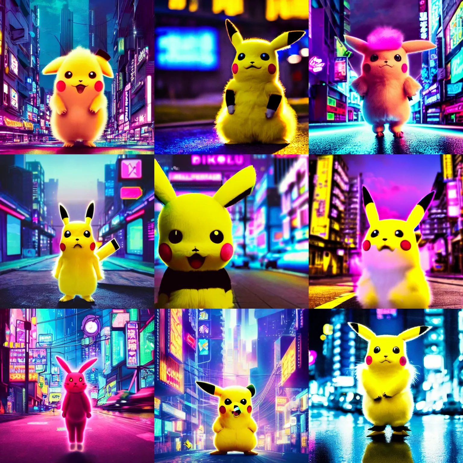 Prompt: fluffy pikachu standing in a iridescent cyberpunk city. dim ambient lighting, neon lights, detailed 4 k image, 8 5 mm lense. trending on pinterest.