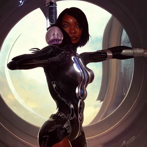 Image similar to cyborg Normani as aeon flux profile picture by Greg Rutkowski, dynamic pose, intricate, futuristic, fantasy, elegant, by Stanley Artgerm Lau, greg rutkowski, thomas kindkade, alphonse mucha, loish, norman Rockwell,