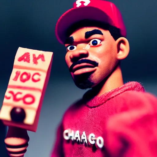 Image similar to a cinematic film still of a claymation stop motion film starring chance the rapper as a college student, shallow depth of field, 8 0 mm, f 1. 8