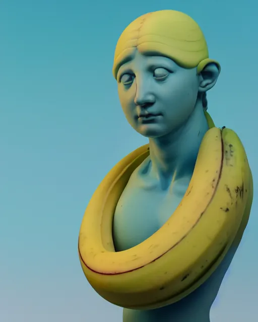 Image similar to soft greek sculpture of a banana painted by james jean in pastel colors. artwork and beeple and dan mumford and greg rutkowski and nekroxiii. halo. octane render, cinematic, hyper realism, octane render, 8k, depth of field, bokeh. iridescent accents.