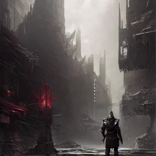 Prompt: A nord warrior from skyrim walking trough a futuristic cyberpunk city, Magic the Gathering art, art by greg rutkowski, matte painting, trending on artstation, very detailed