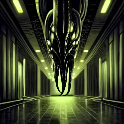 Image similar to black glossy xenomorph alien, endless empty office building, pale yellow wallpaper, moist brown carpet, dim fluorescent lighting, artstation, ultra detailed, creepy, dramatic lighting, photorealistic, art by h. r. giger