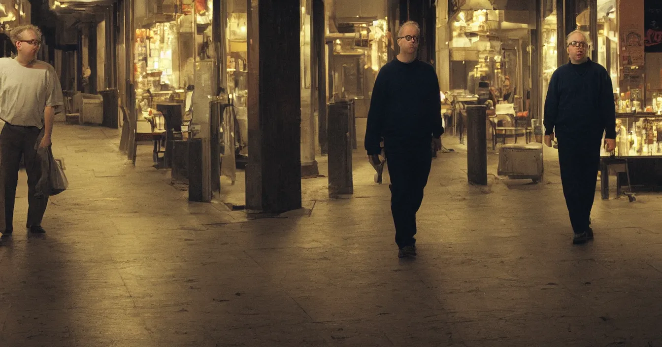 Prompt: todd solondz, high quality high detail image of todd solondz walking with a friend in an empty caffe bar in tel aviv street, clear sharp face of todd solondz, night, by lucian freud and gregory crewdson and francis bacon, hd, photorealistic lighting