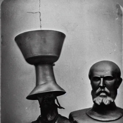 Prompt: guy with pot on his head and with bust of Lenin in his hands