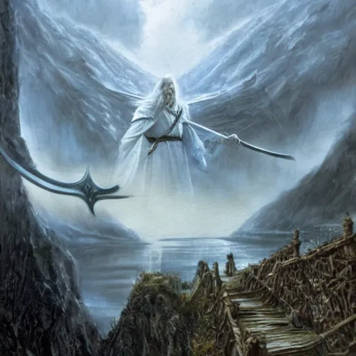 Image similar to beautiful gandalf with a sword in his hand on a bridge fighting the balrog, by alan lee, lord of the rings, smooth, detailed terrain, oil painting, matte painting, concept art, trending on artstation