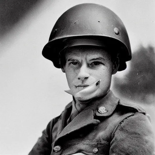 Image similar to “ close up of a cat wearing soldier helmet in the battle, ww 2 historical photography, black & white ”
