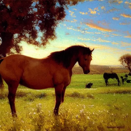 Image similar to detailed wide shot of horse in the field, spring light, painting by gaston bussiere, craig mullins, j. c. leyendecker