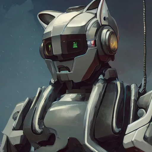Prompt: a cat mecha full shot, cat ear helmet, the image is futuristic, has cyberpunk style, has cables, wires, it is photorealistic, highly detailed, gritty texture, and trending in Artstation, created by Craig Mullins and Feng Zhu
