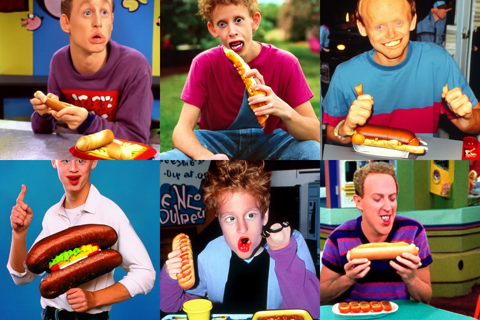 Prompt: skeeter from the television show doug eating a hot dog