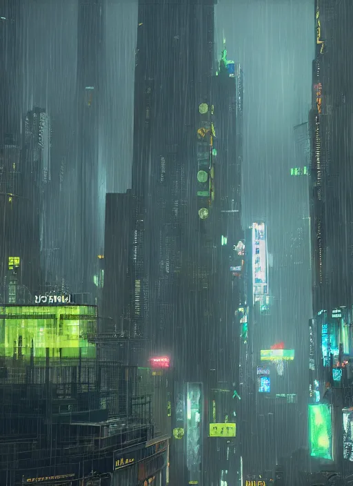 Prompt: a cyberpunk city, raining, mist by Denis Villeneuve, Trending on artstation, yellow scheme, 8k, wide-angle lens