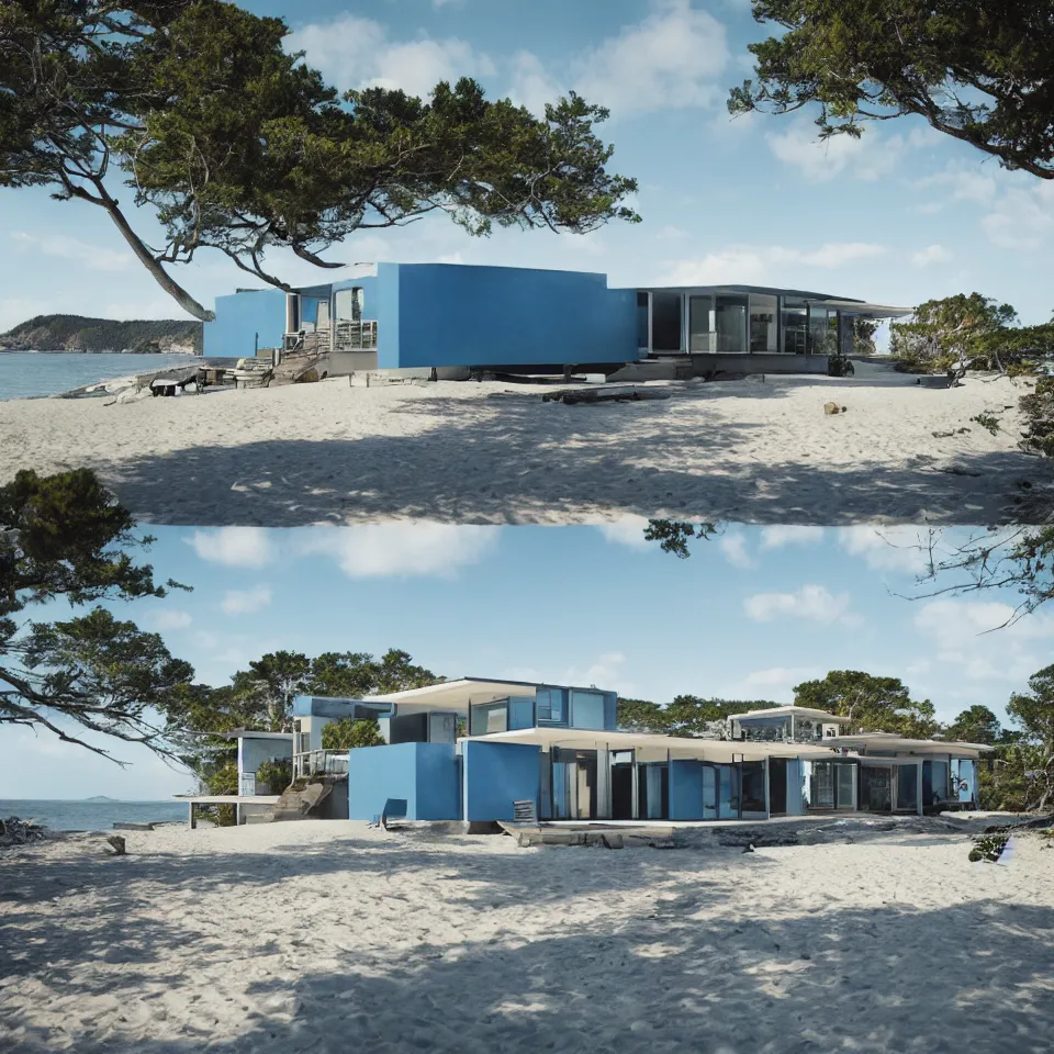 Prompt: architecture ad for a mid-century modern house on the beach, designed by Bjarke Ingels. Film grain, cinematic, colorized, blue hue