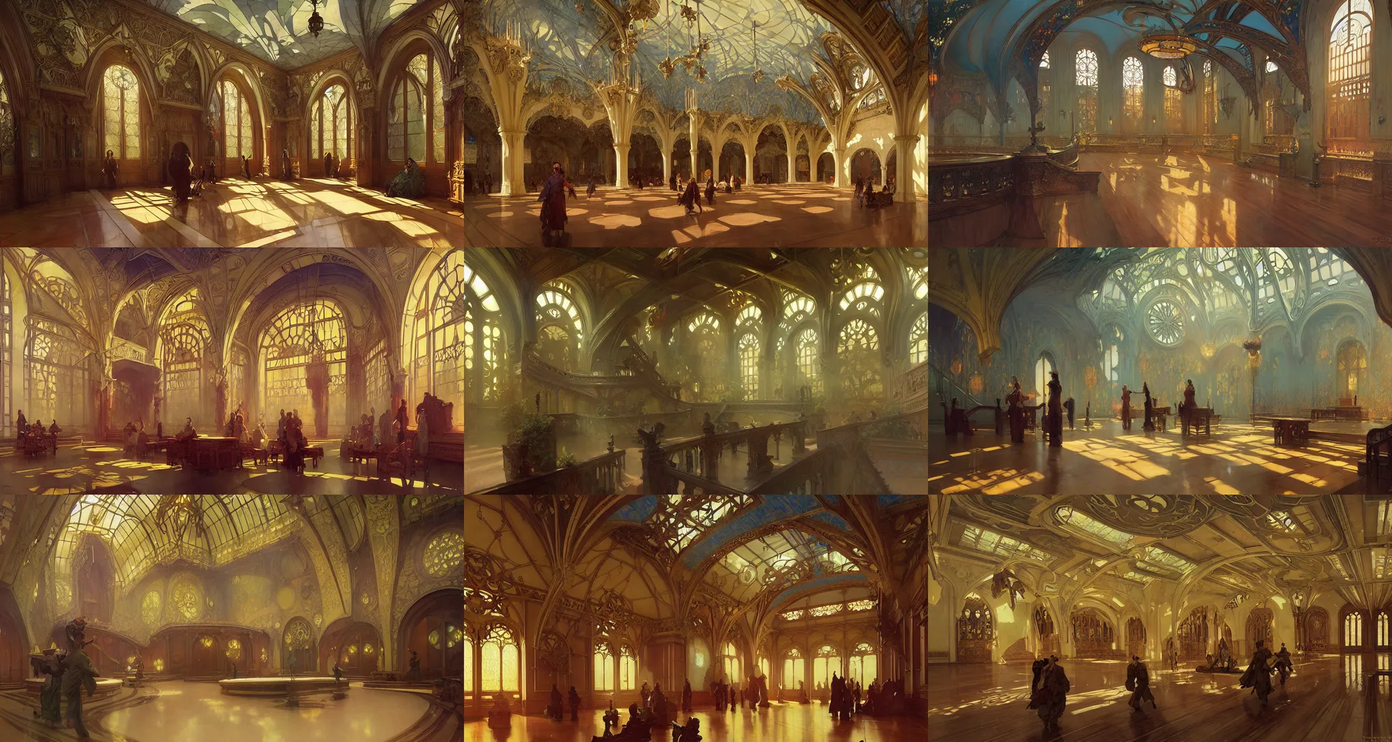 Prompt: great hall, art nouveau architecture, fantasy, art by joseph leyendecker, ivan aivazovsky, ruan jia, reza afshar, marc simonetti, alphonse mucha