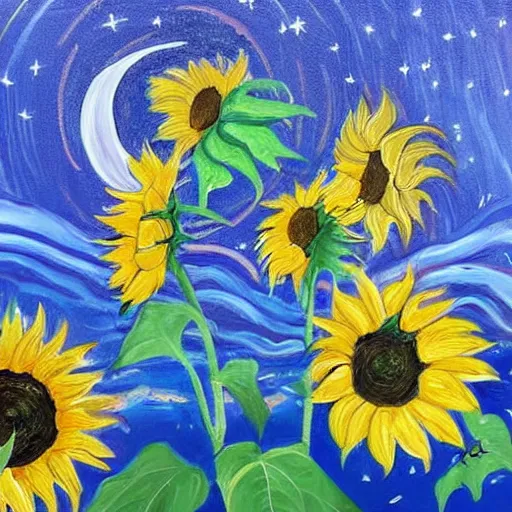 Image similar to The painting is of a night sky, with stars and a crescent moon. In the foreground are sunflowers. The brushstrokes are thick and visible, giving the painting a textured look. The colors are mostly dark, but there are also some yellows and blues.
