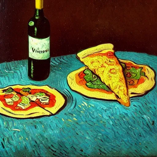 Prompt: Oil painting of a still life with a pizza and wine bottle, by Vincent van Gogh,