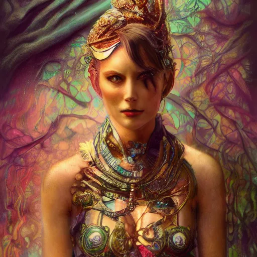 Image similar to extremely psychedelic beautiful cyborg queen of lsd. intricate, elegant, highly detailed, extremely lifelike photorealistic digital painting, artstation. steichen, gaston bussiere, tom bagshaw, cyberpunk alphonse mucha. dark pallet, melancholy. anatomically correct in every way. sultry. sharp focus. soft light.