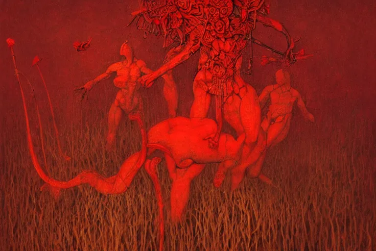 Image similar to only with red, red flowers of different types, a red tiger, a castle in the background, medieval demons dance over the flowers, an ancient path, in the style of beksinski, part by hopper, part by rodcenko, part by hofbauer, intricate composition, red by caravaggio, insanely quality, highly detailed, masterpiece, red light, artstation