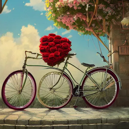 Image similar to a beautiful storybook painting of a vintage yellow Schwinn bicycle with a basket of red roses on the front propped up against a blue wall, anime style by Grzegorz greg rutkowski and Studio Ghibli, nostalgic heart-warming, trending on artstation hq