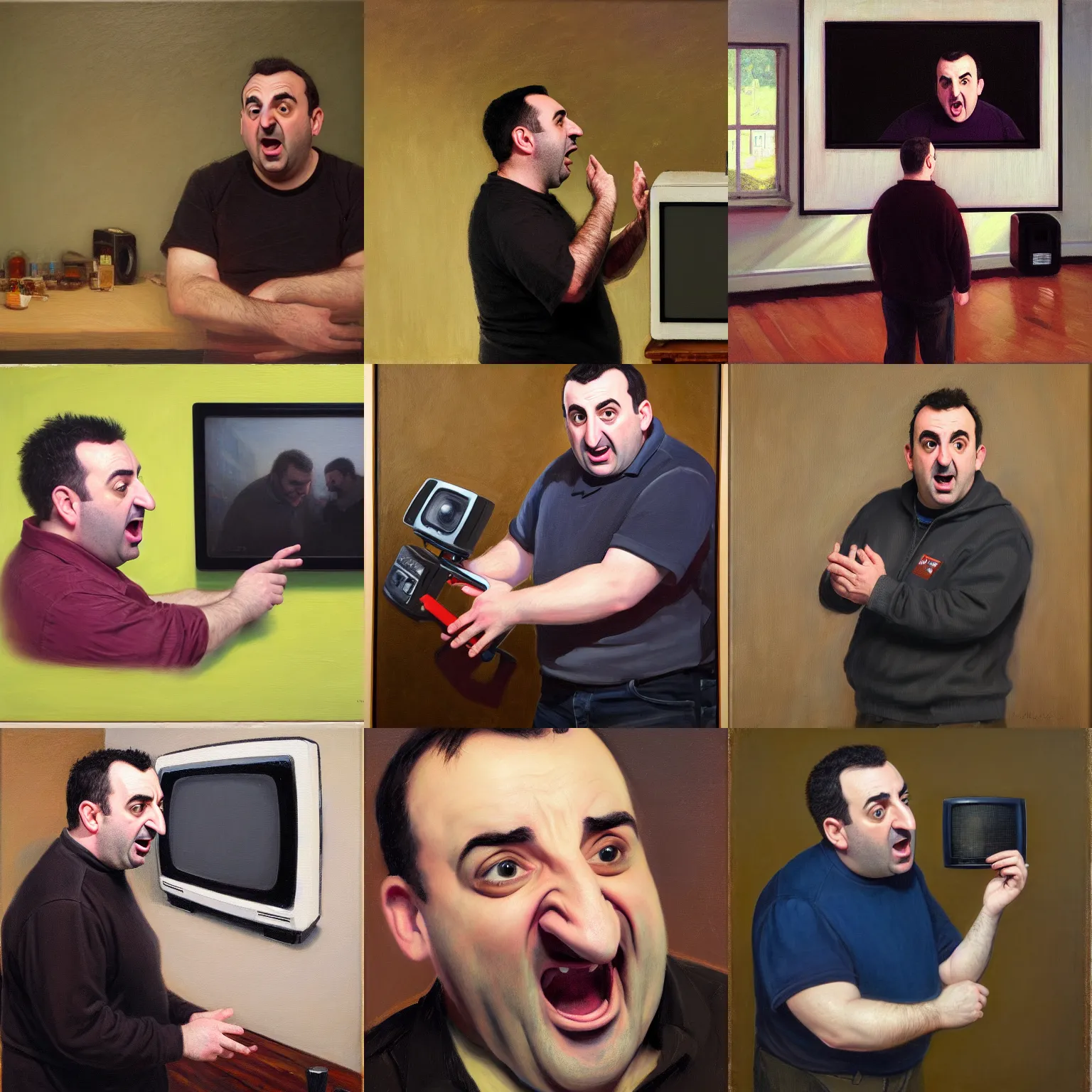 Prompt: portrait of mike stoklasa yelling at a tv, oil on canvas by william sidney mount, trending on artstation