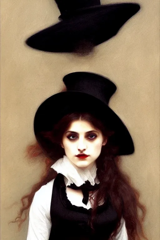 Image similar to victorian vampire in a big black hat, white dress, painting by rossetti bouguereau, detailed art, artstation