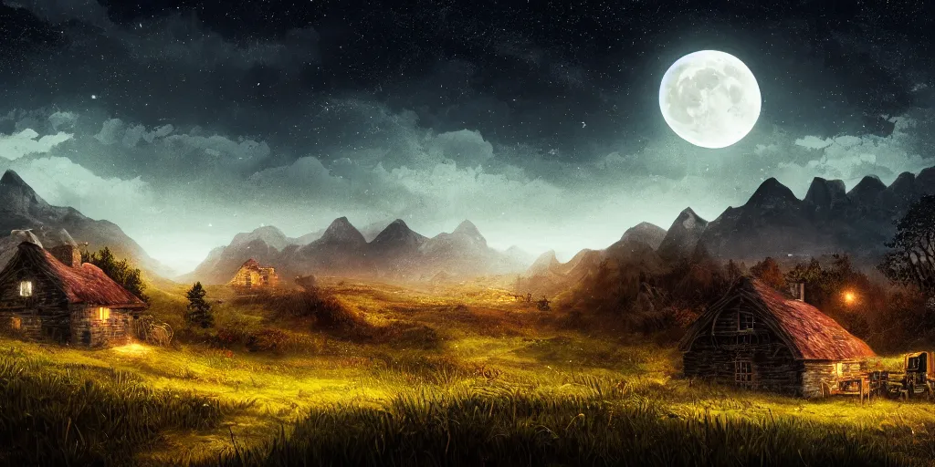 Image similar to Blood soaked fields with large mountains in the distance, small cottage in the foreground, nighttime, moon in the night sky, landscape wallpaper, d&d art, fantasy, painted, 4k, high detail, sharp focus