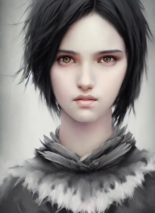 Prompt: a teenage girl with very short black and pink hair and a huge cloak made of grey and black feathers. beautiful highly detailed face. beautiful painting by artgerm and greg rutkowski and raymond swanland, detailed portrait, closeup