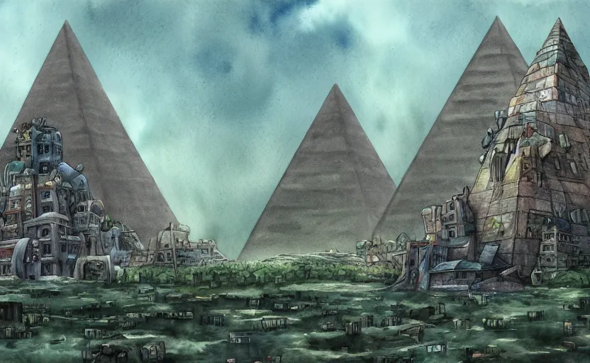 Image similar to a realistic and atmospheric cell - shaded watercolor concept art from howl's moving castle ( 2 0 0 4 ) of a sci - fi city and an egyptian pyramid complex in a flooded rainforest. very dull muted colors, hd, 4 k, hq