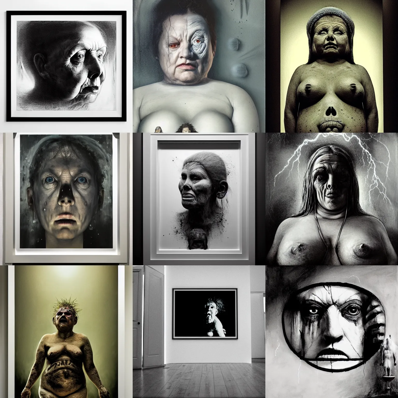 Prompt: portrait of big old sumoringer as despair from sandman, in a white void with empty frames all around her, venus of willendorf, by jeremy mann, by gregory crewdson, sad face, black hair, white room, soft lightning, high detailed, 8 k