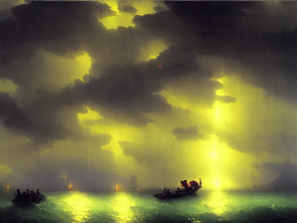 Image similar to heavy rain in south korea, bridges and buildings under water, beam of light through dark clouds, by Aivazovsky