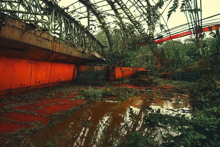 Prompt: Film still of a brightly lit bridge on a space ship, metal, floor grills, ventilation shafts, dusty, orange and red lighting, burning fire, water dripping, puddles, wet floor, rust, decay, green vines, overgrown, tropical, Cinestill colour cinematography, anamorphic