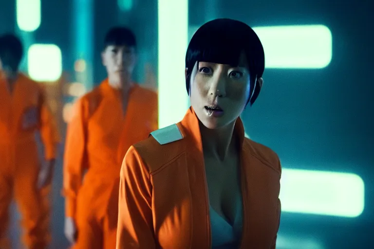 Image similar to major motoko wearing an orange prison jumpsuit, a large hologram of a screaming face dominates the background, photography by fred palacio medium full shot still from bladerunner 2 0 4 9, sci fi, bladerunner, canon eos r 3, f / 3, iso 2 0 0, 1 / 1 6 0 s, 8 k, raw, unedited