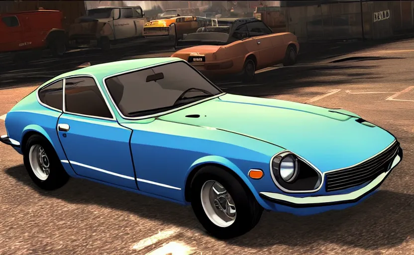 Prompt: 1970 Datsun 240Z in GTA loadscreen art style