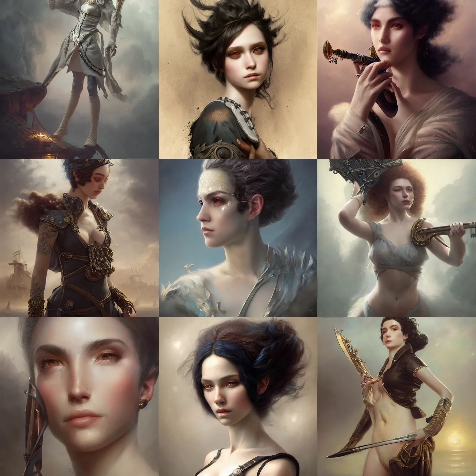 Prompt: ultra realist breathtaking detailed soft painting of non-binary human bard, dark fantasy, naval background, elegant, highly detailed, artstation, concept art, matte, sharp focus, art by Tom Bagshaw, Artgerm and Greg Rutkowski