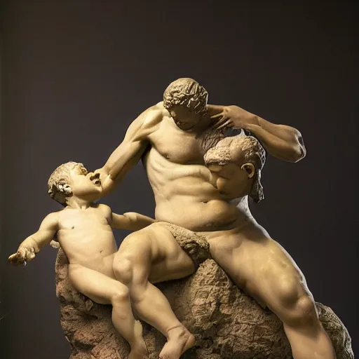 Image similar to statue of Goya's Saturno devorando a su hijo, as sculpted by HR Geiger, Geiger art, extremely detailed, background is a low light museum, 4k