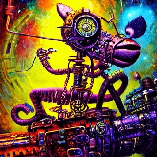 Image similar to steampunk rat, acid, 303, psychedelic, by paul lehr, cd cover for techno artist