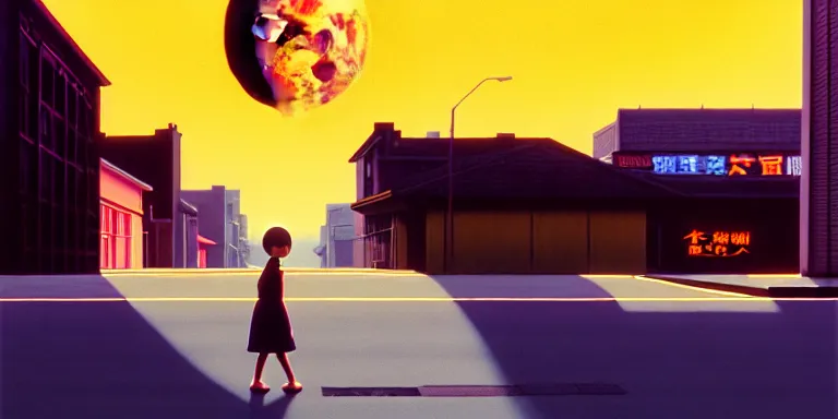 Image similar to an immaculate isometric cinematic keyframe matte painting of the silhouette of a young japanese girl standing in a wide sleek empty street 1 9 7 0 s vaporwave rust belt city at dusk with an oversized moon, just after the rain has cleared. by eric lafforgue, glennray tutor and edward hopper, greg rutkowski. trending on artstation.