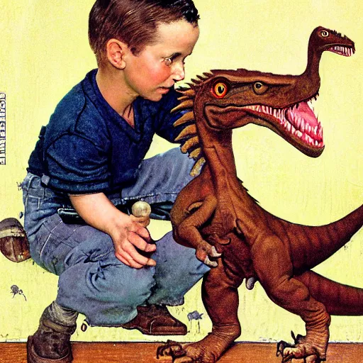 Image similar to a Norman Rockwell painting of a boy and his dinosaur velociraptor
