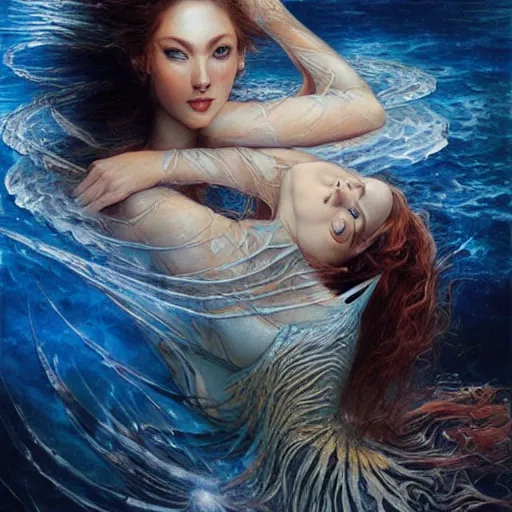 Image similar to a beautiful dancer manipulating water by karol bak, ayami kojima, artgerm, river, water, blue eyes, smile, concept art, fantasy