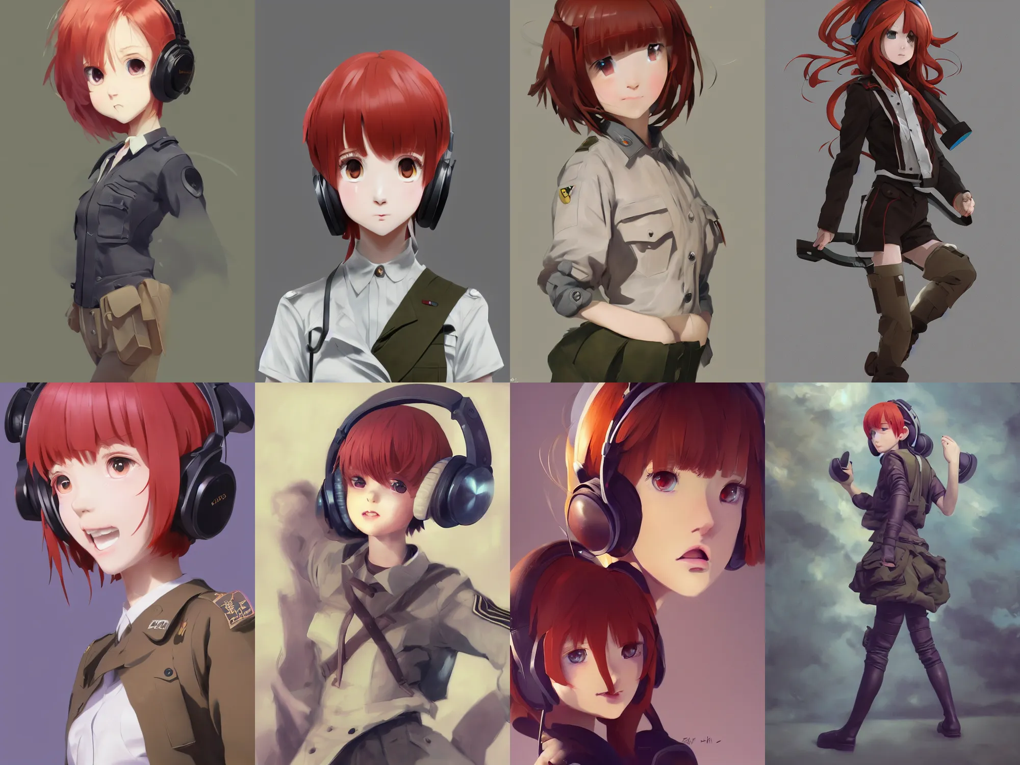 Prompt: CalArts. Very complicated dynamic composition, realistic anime style at Pixiv CGSociety by WLOP, ilya kuvshinov, krenz cushart, Greg Rutkowski, trending on artstation. Zbrush sculpt colored, Octane render in Maya and Houdini VFX, cute young redhead girl in motion, she expressing joy, wearing military uniform, headphones, silky hair, stunning deep eyes. In cityscape. Very expressive and inspirational. Amazing textured brush strokes. Cinematic dramatic atmosphere, soft volumetric studio lighting.