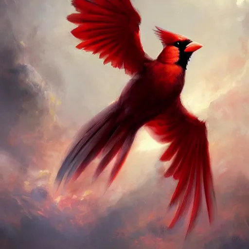 Image similar to a painting of a red cardinal flying through the sky, poster art by raymond swanland, deviantart, fantasy art, christian, deviantart, mystical