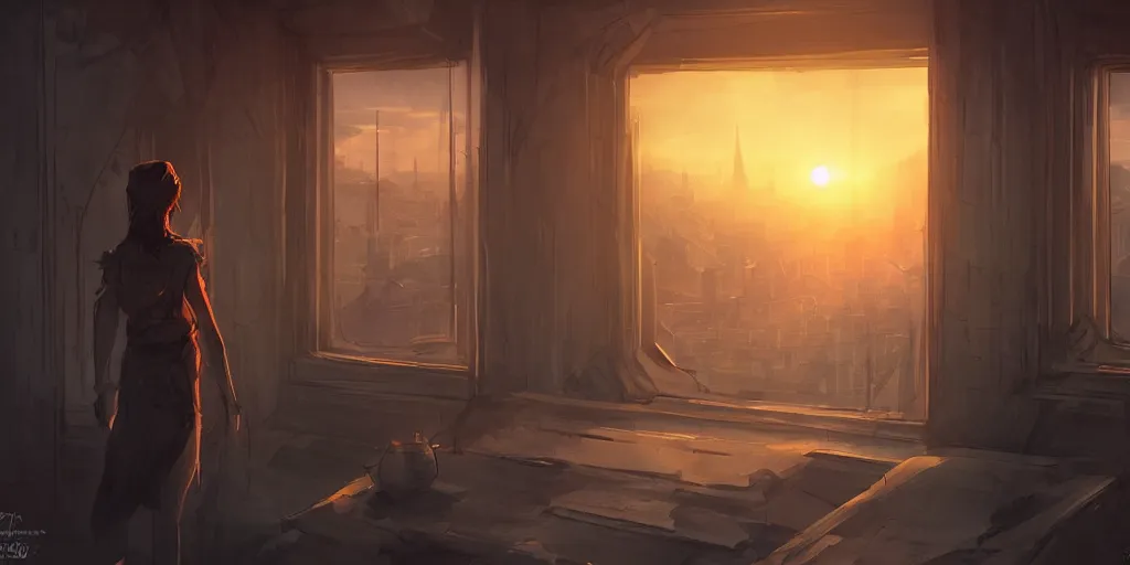 Prompt: an environmental concept art of arcane, interior, character standing with back to camera looking out window at a beautiful city, sunset, highly detailed, environmental light, cinematic by francis tneh