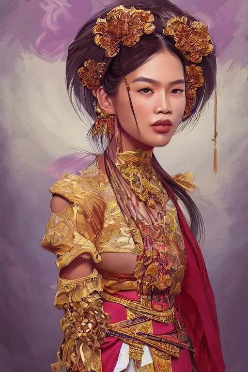Image similar to portrait of an indonesian supermodels wearing traditional costume, highly detailed, digital painting, artstation, concept art, sharp focus, illustration, art by kittichai rueangchaichan and james gurney and alphonse mucha