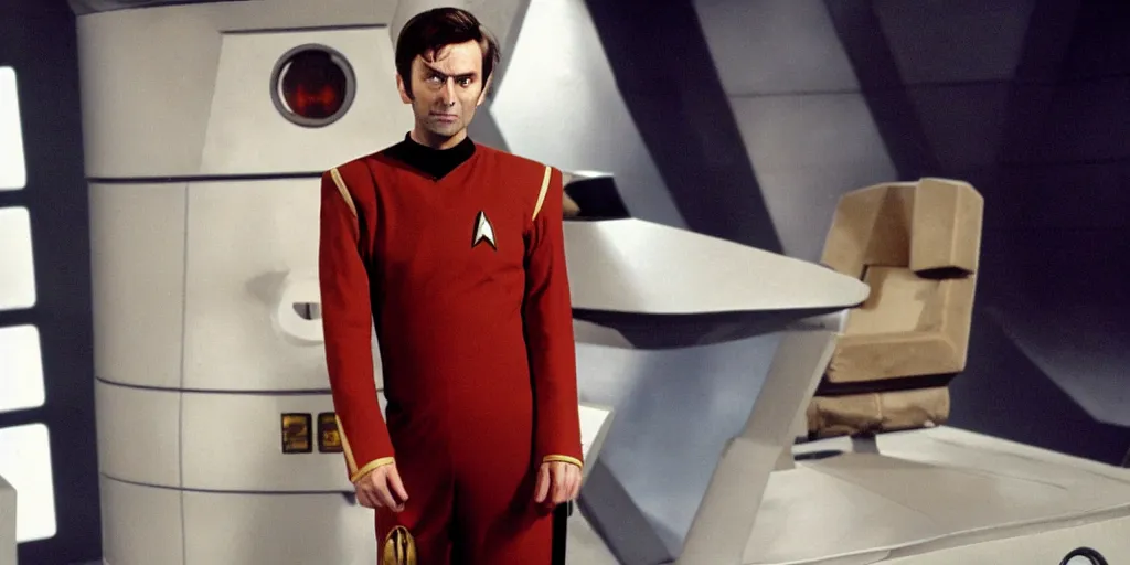 Prompt: David Tennant as Doctor Who, in Starfleet uniform, in the role of Captain Kirk in a scene from Star Trek the original series