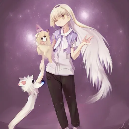 Image similar to advanced full body digital anime art::cute anime female girl + dog hybrid, short white hair, purple watery eyes, dog paws for arms and legs and a big dog tail , full round face :: cinematic lighting, rim lighting, very highly intricately detailed, trending on pixiv :: WLOP, RossDraws, RuanJia, James Jean, Andrei Riabovitchev, Totorrl, Marc Simonetti, Visual Key, and Sakimichan